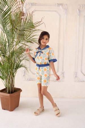Güneş Desenli Kız Çocuk Yazlık Şort (Pamuk & Keten Karışımı)