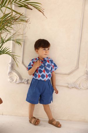 Balık Desenli Erkek Çocuk Kısa Kollu Yazlık Gömlek (Pamuk & Keten Karışımı)