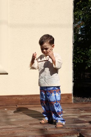 Mavi Maymun Desenli Çocuk Pantolonu (Pamuk & Keten Karışımı)